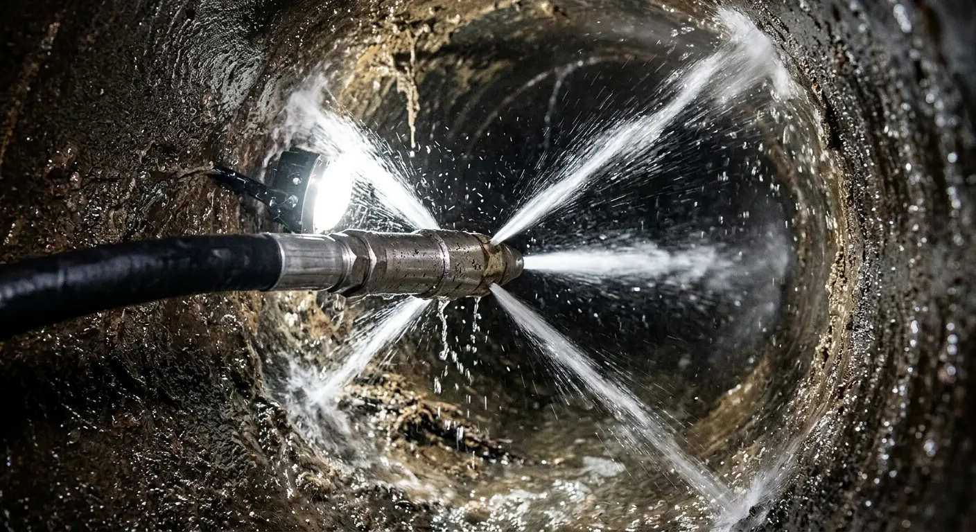High-pressure hydro jetting nozzle cleaning sewer pipe for Trenchless Sewer Repair in Rancho San Diego