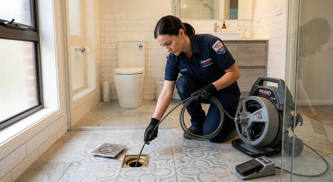 Technician clearing a bathroom floor drain for Clogged Drain Repair in Rancho San Diego